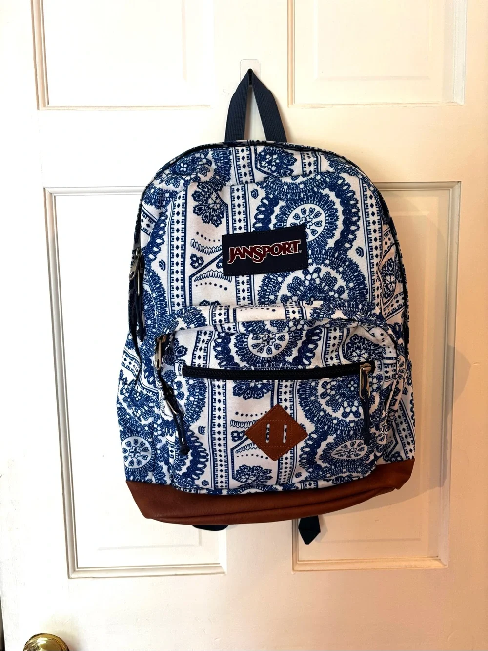 Jansport White and Blue Paisley Backpack with Brown Accent
